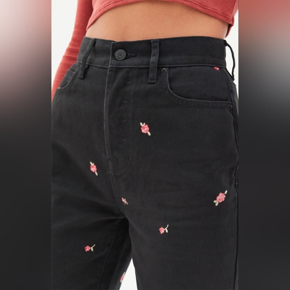 PacSun Rose Embroidered Black High Rise Mom Jeans Straight Ankle Length- 24 - Picture 3 of 13